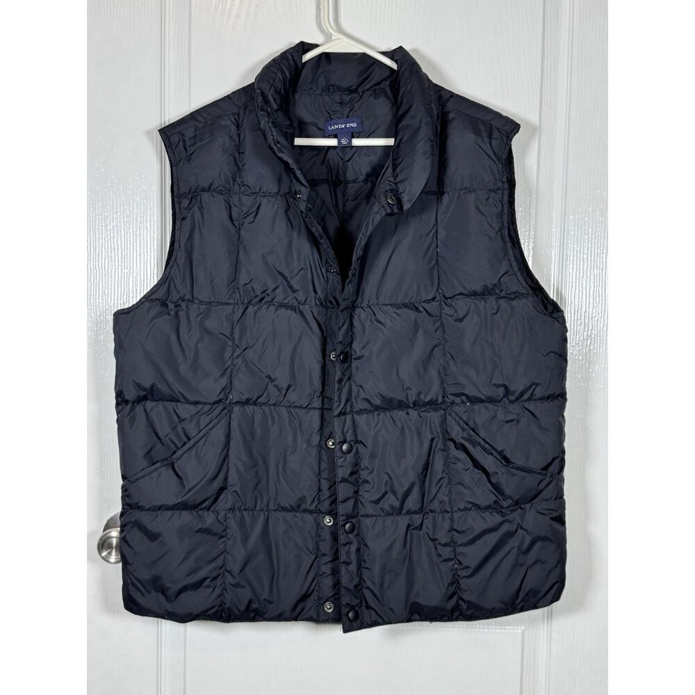 Lands' End Down Feather Puffer Vest Men's Large 42-44 Black Snap Button - Picture 2 of 7